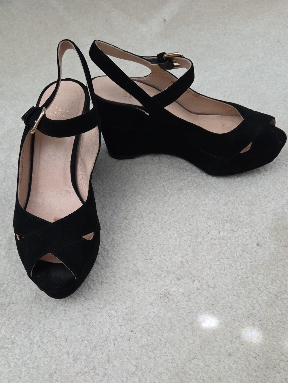 Stuart Weitzman Black Suede Peep-Toe Platform Wedge Sandals with Ankle Strap